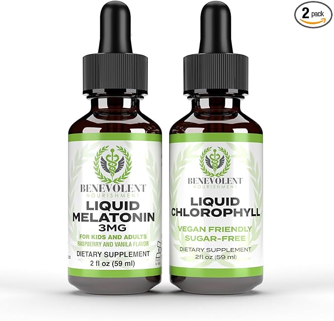 Liquid Melatonin for Kids and Adults 3mg &amp Liquid Chlorophyll Bundle - Natural Sleep Aid Drops Berry Vanilla Flavor Made in USA - Sleep Support &amp Skin Support