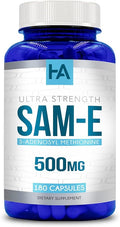 High Strength 500mg SAM E Supplement | S-Adenosyl Methionine SAMe Supplement for Bone Joint &amp Mood Support for Men and Women | Vegan Non-GMO &amp Made in US cGMP Labs (180 Veggie Capsules)