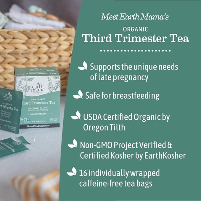 Earth Mama Organic Third Trimester Tea | Herbal Tea for Late Pregnancy Comfort + Childbirth Preparation | 96 Teabags | Caffeine Free &amp Non-GMO