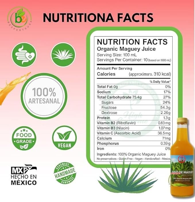 Maguey Juice – 1000 ml (1 L) – Pure Agave Jugo Maguey – Vegan 100% Artisanal Non-GMO – Natural Digestive Support – Rich in Vitamins B2 B3 &amp C Iron Calcium Magnesium &amp Zinc – Hecho en Méx