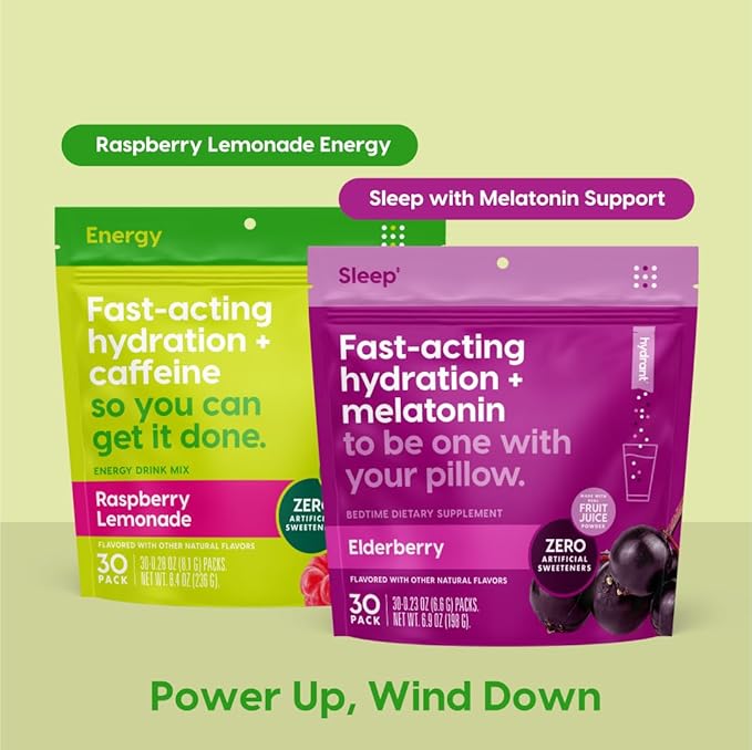HYDRANT Bundle Energy + Sleep 60 Stick Packs Electrolyte Powder Rapid Hydration Mix Variety Pack Sleep + Energy Blend L-Theanine Caffeine Melatonin Magnesium &amp Chamomile
