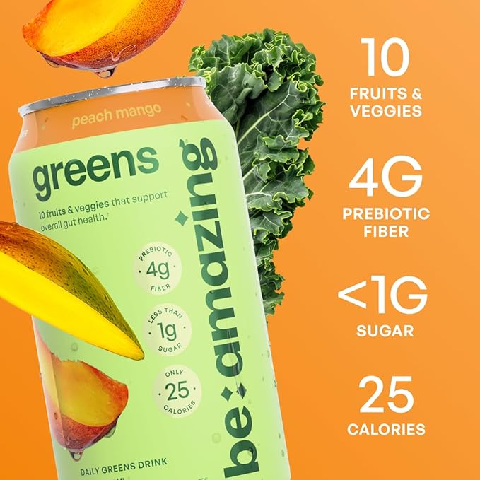Be Amazing Greens Drink Peach Mango Vitamin Drinks With 10 Organic Fruits and Vegetables Coconut Water Vitamin C and Prebiotic Fiber 25 Calories Low Sugar Vegan and Gluten Free 8 Pack