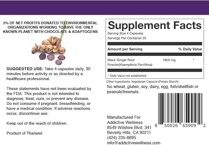 Addictive Wellness Black Ginger Capsules (Kaempferia Parviflora) – Freeze-Dried Full Spectrum Supplement for Energy &amp Stamina Support – Black Ginger Extract – 100 Veggie Capsules