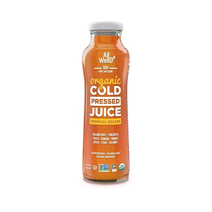 AllWellO Organic Cold Pressed Juice Drinks with Real Fruits and Vegetables Gluten Free Non-GMO Healthy Juices No Preservatives No Sugar Added (Tropical Escape 12 Pack)