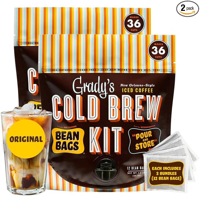 GRADY’S COLD BREW New Orleans Style 100% Arabica Ground Coffee &amp Chicory Pouches 2 All-in-One Cold Brew Kits each with 12 Easy-to-Brew Beans Bags Makes 72 drinks