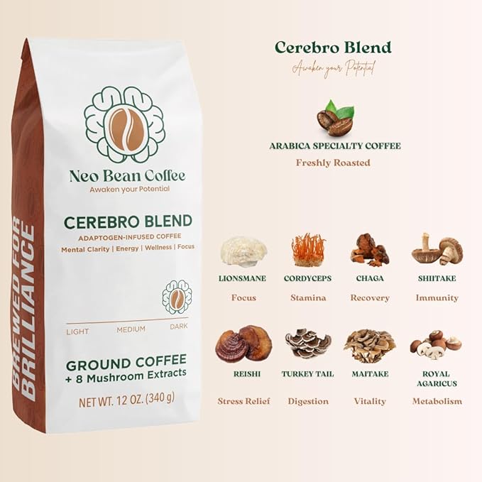 Neobean Cerebro Blend 12 oz Bag - Freshly Roasted Specialty Coffee with 8 Adaptogen Mushrooms - Mushroom Coffee