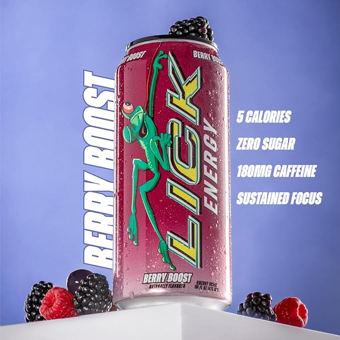 LICK Energy Drink - No Added Sugar No Crash Green Tea Caffeine (180mg) with Antioxidants and Vitamins A B6 B12 and C 16oz (12pk) - Berry Boost