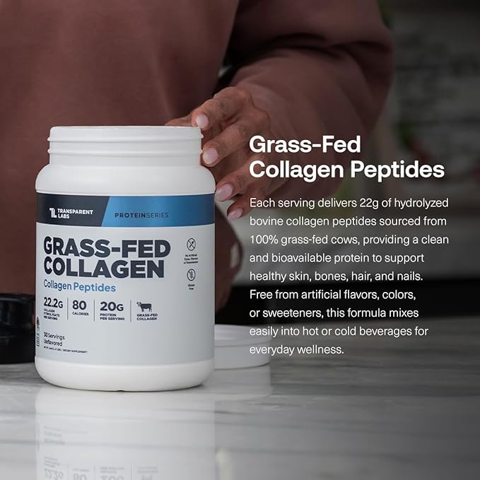 Transparent Labs Grass-Fed Collagen Peptides Powder - Collagen Powder for Women &amp Men 22G Bovine Hydrolyzed Collagen Peptides Powder for Skin Hair Joint &amp Muscle Recovery - Unflavored 30 S