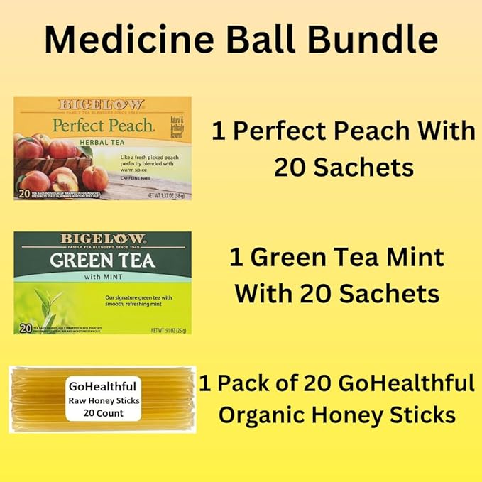 GoHealthful Medicine Ball Cold Buster Tea Bundle 20 Sachets Each (40 Total) of Green Tea Mint and Peach Bundle with 20 GoHealthful Pure Raw Clover Honey Sticks