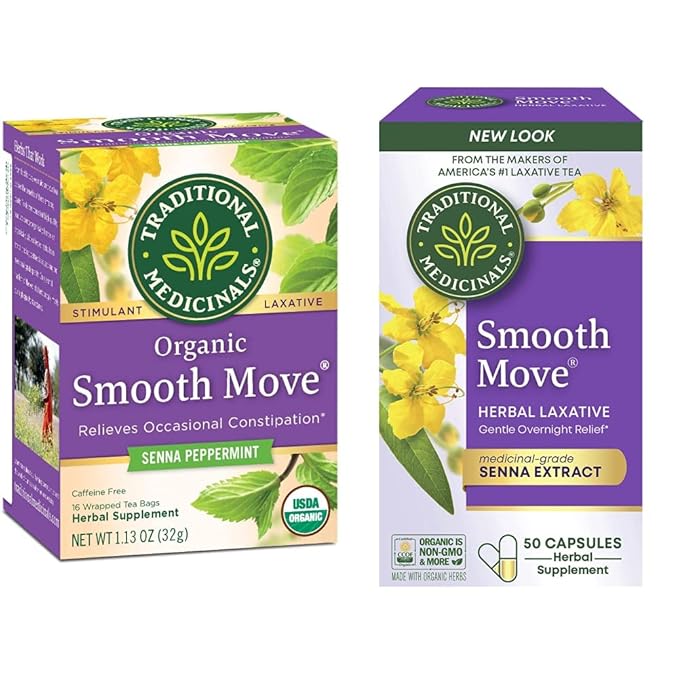 Bundle of Traditional Medicinals Smooth Move Senna Laxative Capsules Natural Herbal Constipation Relief 50 Capsules (Pack of 1) + Traditional Medicinals Organic Smooth Move Peppermint Tea 16 ct