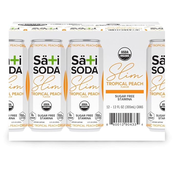 Sati Soda Organic Slim Tropical Peach - Adaptogenic Beverage with Lions Mane Green Coffee Bean &amp Acerola Vitamin C | Zero Calories Zero Sugar (12 Pack of 12 Ounce Cans Tropical Peach)