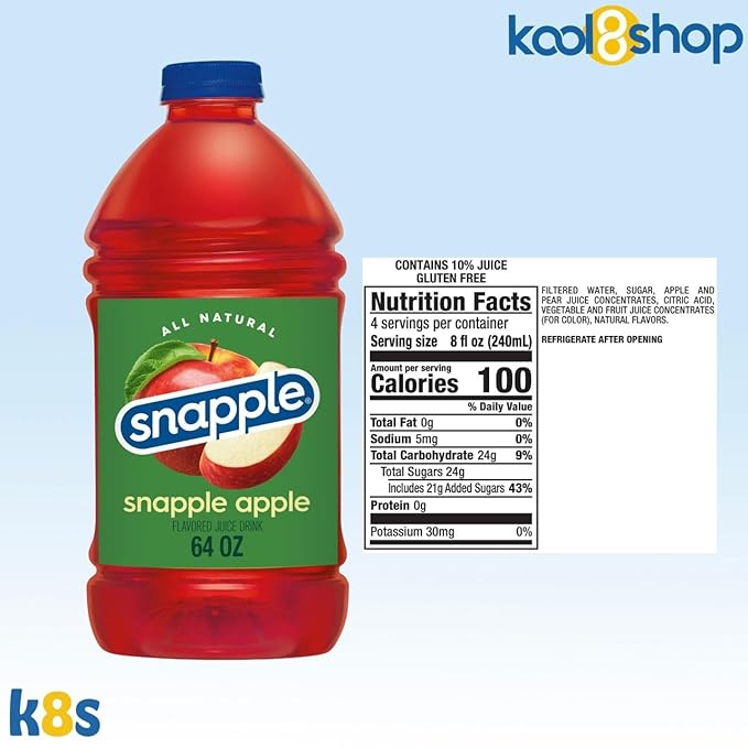 Snapple Apple All Natural Fruit Juice 64 fl oz Plastic Bottle 4 Pack + 15 Sugarcane Disposable Straws by KOOL8SHOP Infinite Deals