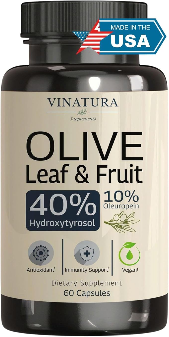 VINATURA Hydroxytyrosol Supplement Olive Leaf Extract - 40% Hydroxytyrosol Olive Fruit Extract 10% Oleuropein Olive Leaf Extract Capsules - 60 Capsules