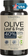 VINATURA Hydroxytyrosol Supplement Olive Leaf Extract - 40% Hydroxytyrosol Olive Fruit Extract 10% Oleuropein Olive Leaf Extract Capsules - 60 Capsules