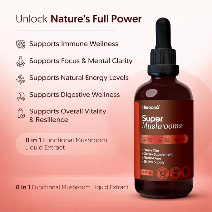 Super Mushroom Complex 8 in 1 Liquid Extract - 4 fl oz Drops with Reishi Lion’s Mane Cordyceps Chaga Maitake Turkey Tail Shiitake Agaricus for Focus Immune Wellness and Daily Energy