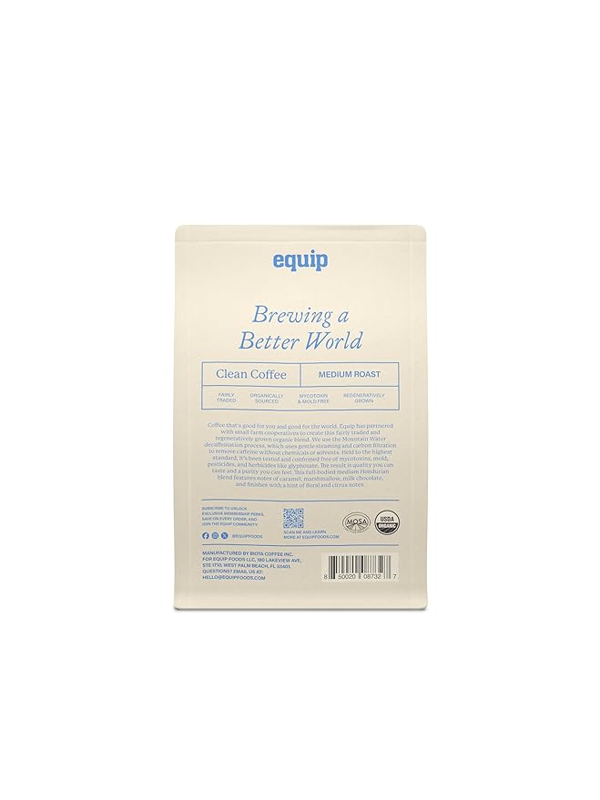 Equip Foods Decaf Clean Coffee | Gold Standard Certified Organic Fair Trade Regenerative | Medium Roast Whole Bean Honduras | Caramel+Marshmallow+Milk Chocolate