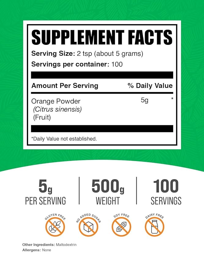 BulkSupplements.com Orange Powder - Orange Fruit Powder Nutrient-Rich Flavoring - Gluten Free 5g per Serving 500g (1.1 lbs) (Pack of 1)