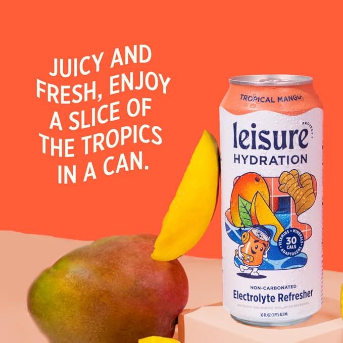 Leisure Hydration Non-Carbonated Electrolyte Refresher Tropical Mango Flavor - Low Sugar Nutrient Enhanced Water Beverage - Get The Best Hydration Packed w/ Magnesium &amp Ashwagandha For Mood &amp