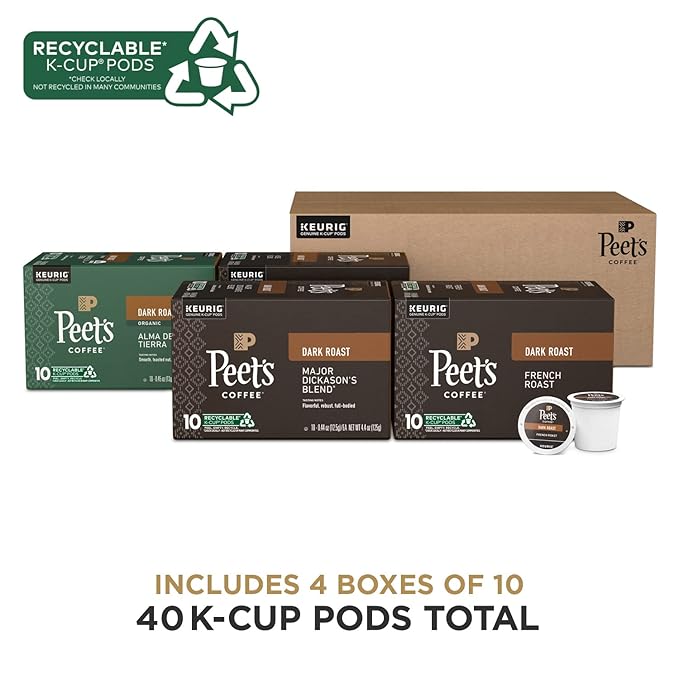 Peet's Coffee Keurig K-Cup Pods Dark Roast Variety Pack 100% Arabica Coffee - Major Dickason's Blend French Roast Organic Alma De La Tierra House Blend 40 Count (4 Boxes of 10 K-Cup Pods)