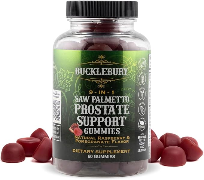 BUCKLEBURY 9-in-1 Natural Saw Palmetto Gummies with Raspberry &amp Pomegranate Flavor - Plant-Based Prostate Support Supplements for Mens Bladder Health Hair Growth &amp Urinary Support - 60 Gummie