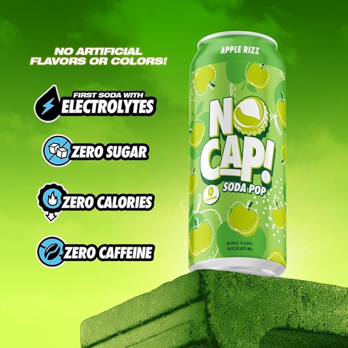 NO CAP! Next Gen Soda Pop with Zero Sugar Zero Calories and Electrolytes for Hydration Naturally Flavored Caffeine-Free Soda Vegan &amp Gluten-Free 16 oz Cans (Apple Rizz)