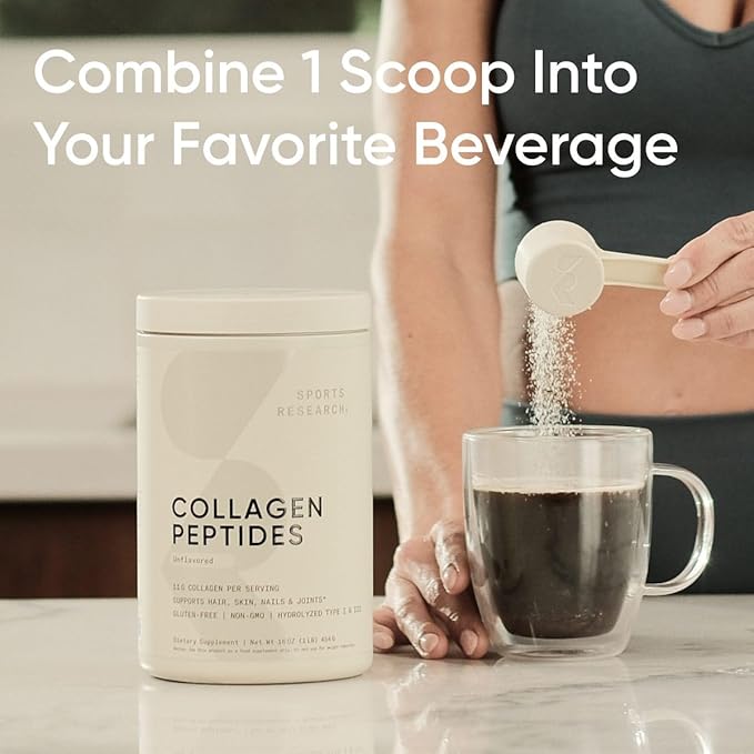 Sports Research Collagen Peptides Hydrolyzed Type 1 &amp 3 Powder Protein Supplement Easy Mixing Vital Nutrients &amp Proteins and Double Strength L-Theanine Supplement for Focus Relaxation &amp A