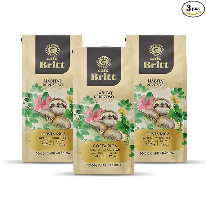 Café Britt® - Costa Rican Habitat Sloth Coffee (12 oz.) (3-Pack) - Whole Bean Arabica Coffee Kosher Gluten Free 100% Gourmet &amp Medium Light Roast