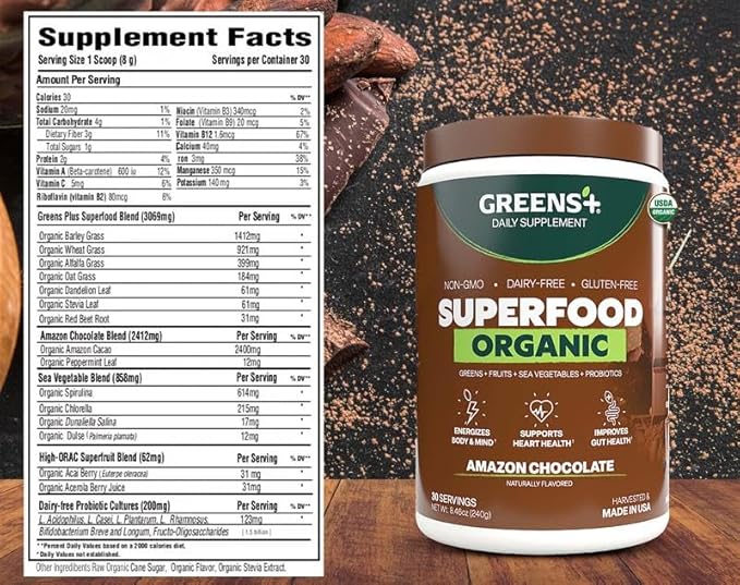Greens+ Plus Organic Superfood Amazon Chocolate Boost Energy Essential Blend of Raw Foods Non GMO Gluten Free USDA Organic and Vegan Powder 8.46 oz