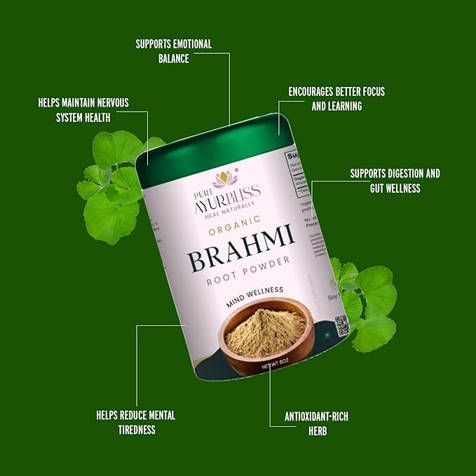 100% Organic Brahmi Powder Ayurvedic Bacopa Monnieri for Memory Focus and Nervous System Care Nootropic Brain Support Blend for Cognitive Wellness Gut Balance - 8oz Tin Box