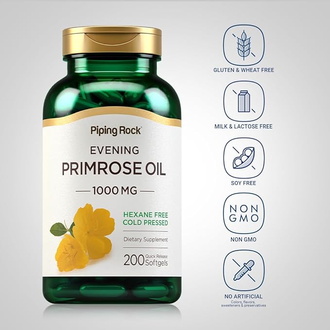 Piping Rock Evening Primrose Oil Softgels 1000mg | 200 Pills | Cold Pressed Dietary Supplement | Non-GMO Gluten Free