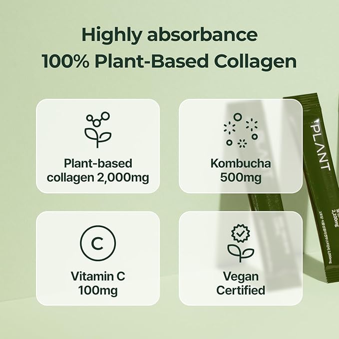 PLANT Vegan Collagen Peptide Kombucha Powder Probioitics Vitamin C | 2000mg Tripeptide Vegetarian Collagen Booster Dragonfruit Lime |15 Packets Gut &amp Skin Health Anti-Aging Hydration Drink Mi