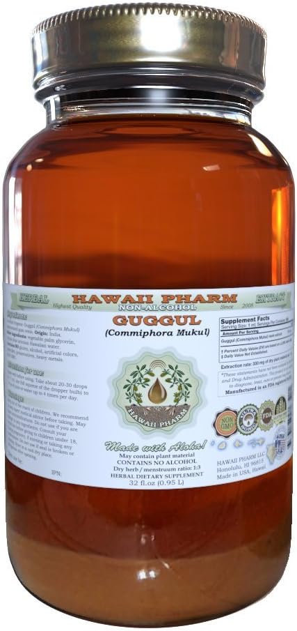 Hawaii Pharm Guggul Alcohol-Free Liquid Extract Guggul (Commiphora Mukul) Unprocessed Gum Resin Glycerite Natural Herbal Supplement 32 oz Unfiltered
