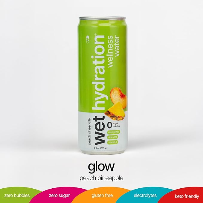 Wet Hydration | Functional Wellness Water Non-Carbonated - Peach Pineapple (12 Ounce Cans Pack of 12) - Flavored Water Hydration Drink No Sugar No Artificial Ingredients Zero Calories (Packaging
