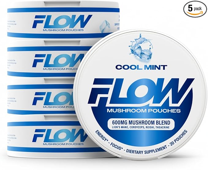 Mushroom Nootropic Pouches - 600mg Organic Mushroom Energy Ultra Pouches with Lion's Mane Reishi Cordyceps for Focus &amp Clean Energy - Zero Caffeine or Sugar (5 Can Pack Cool Mint)