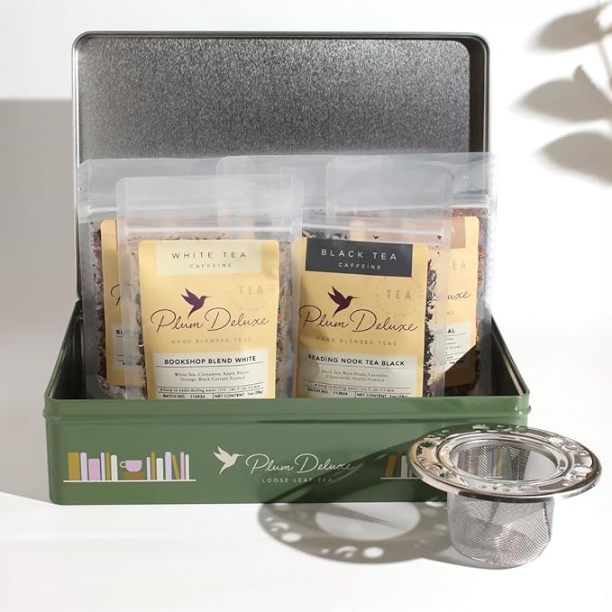 Literary Tea Collection Assorted Tea Gift Set - Hand-Crafted Loose Leaf Teas Presentation Gift Box with Loose Leaf Steeper Included - Mixed Caffeine - 5 Unique and Flavorful Teas 75+ Cups