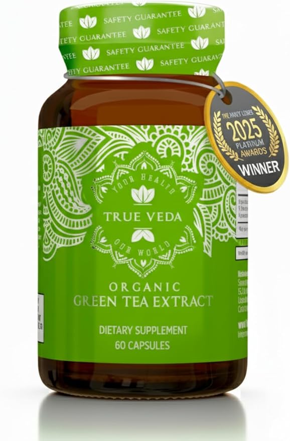 True Veda USDA Organic Green Tea Extract Capsules with EGCG | Premium Plant-Based Green Tea Pills | EGCG Supplements | Low Caffeine | 60 Vegan Capsules