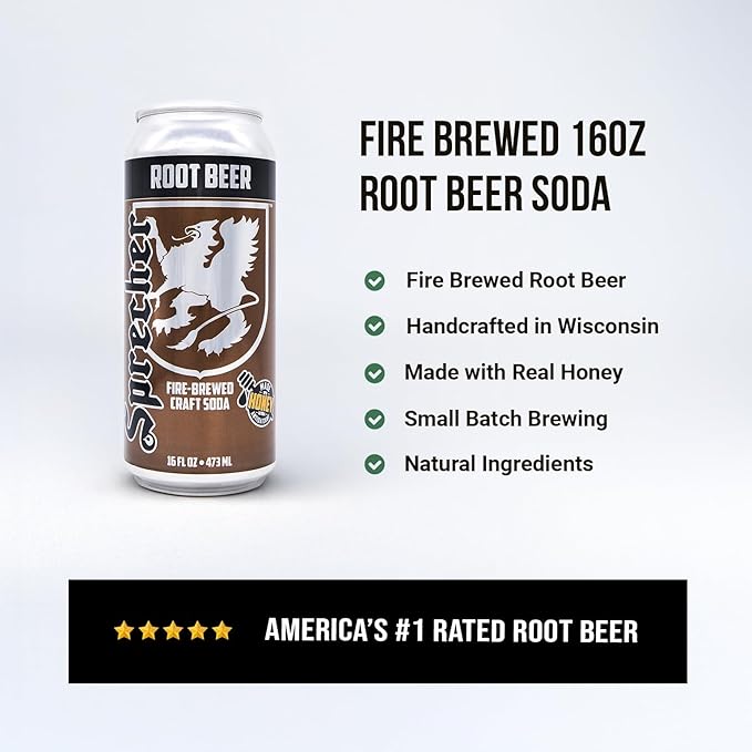 Sprecher Root Beer 16 fl oz Cans (12 Pack) Fire-Brewed Premium Craft Soda with Real Honey Caffeine Free Gluten Free Premium Soft Drink