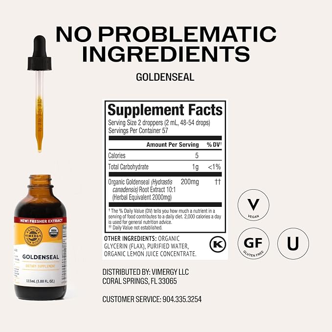 Vimergy USDA Organic Goldenseal Tincture Herbal Supplement – (57 Servings) – Vegan Alcohol-Free Golden Seal herb Drops Great for Tea (115 mL)