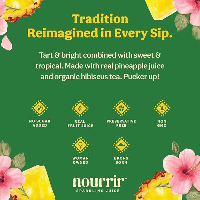 Nourrir Sparkling Pineapple Hibiscus Juice Real Fruit Tropical &amp Floral Fusion Non-GMO Gluten-Free Non-Alcoholic 90 cals 0g Added Sugar 12 cans (12-Pack)