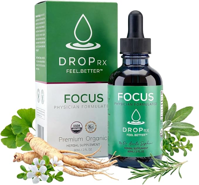 DropRx Focus Liquid Drop Supplement for Memory Brain Support Clarity &amp Focus - Ginkgo Biloba and Ginseng Organic Herbal Blend - Made in USA by Dr. Nicole Saphier (2fl.oz)