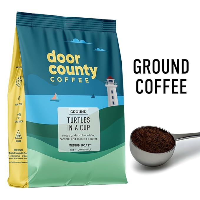 Door County Coffee - Turtles in a Cup - Toasted Pecans &amp Chocolate Flavored Coffee - Medium Roast - Ground 20 oz Bags