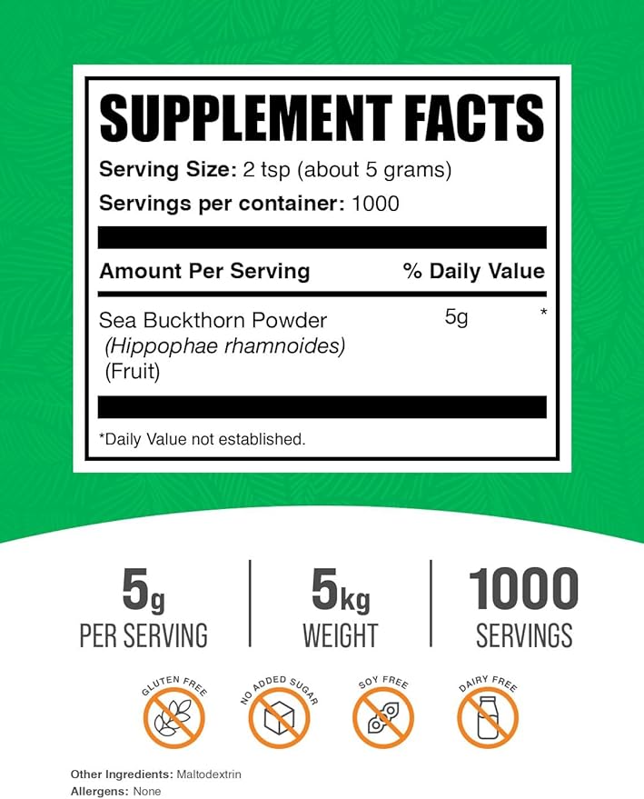 BulkSupplements.com Sea Buckthorn Powder - Omega 7 Supplement Superfood Powder Sea Buckthorn Berry Powder - Vegan &amp Gluten Free 5g per Serving 1kg (2.2 Pound) (Pack of 5)