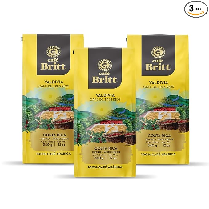 Café Britt® - Costa Rican Tres Rios Valdivia Coffee (12 oz.) (3-Pack) - Whole Bean Arabica Coffee Kosher Gluten Free 100% Gourmet &amp Medium Light Roast