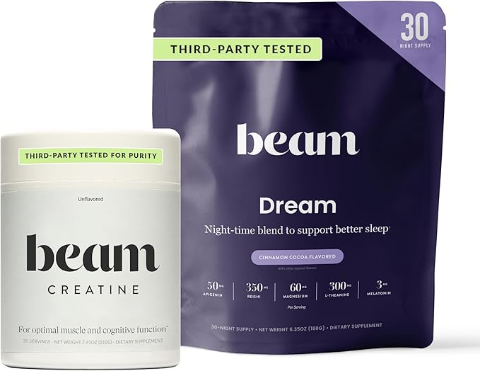 Beam Dream Sleep Powder &amp Creatine Bundle Third Party Tested Natural Sleep Aid &amp Recovery Supplement with Micronized Creatine Monohydrate Unflavored Pure Creatine Powder for Muscle Strength