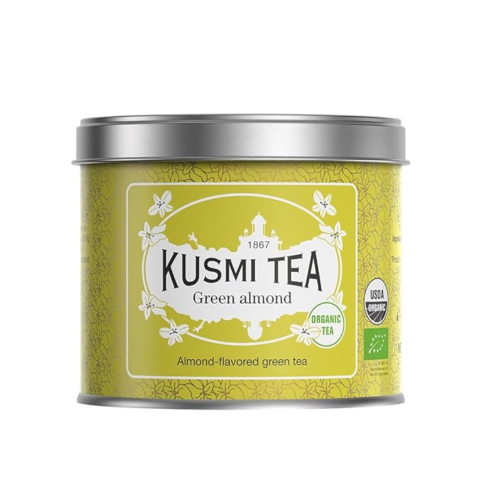Kusmi Tea - Green Almond - Organic Blend of Almond Flavored Green Tea - Organic Flavored Green Tea - Loose Leaves - Tin Box of 3.5 oz - Quantity for about 50 cups