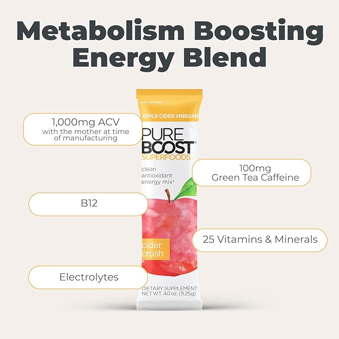 Pureboost Superfoods Clean Energy Booster with Apple Cider Vinegar. Refreshing Energy Drink Mix with 1000 mg of ACV with The Mother. Sugar-Free No Sucralose (Cider Crush 30 Count)
