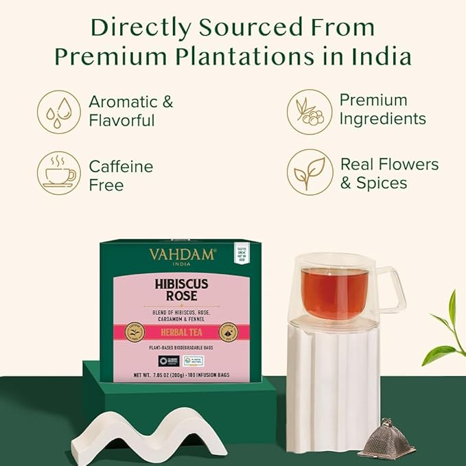VAHDAM Hibiscus Rose Tea Bags - 100% Whole Hibiscus Flowers Herbal Tea Bags (100 Count) With Rose Chamomile &amp Exotic Spices | Caffeine Free Floral Flavor Tisane | Resealable Ziplock Pouch