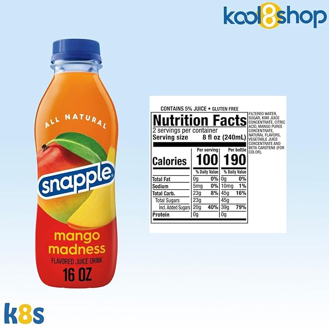 Snapple Mango Madness All Natural Fruit Juice 16 fl oz Plastic Bottle 16 Pack + 15 Sugarcane Disposable Straws by KOOL8SHOP Infinite Deals