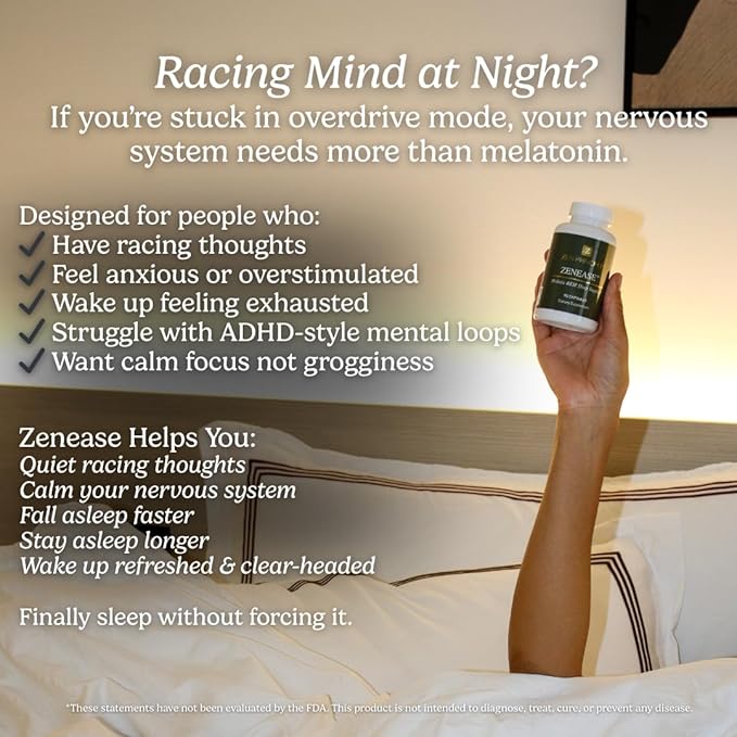 Zen Principle Zenease Sleep Support with Magnesium Glycinate Ashwagandha KSM-66® Saffron L-Theanine &amp GABA – No Melatonin Natural Stress Relief &amp Sleep Aid. 180 Capsules