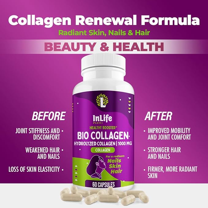 Hydrolyzed Collagen Peptides (60 Count) 1000mg Per Serving Beauty Joint and Anti Aging Support for Hair Skin Nails Bones and Joints Collagen for Women and Men (30-Day Supply) (1)